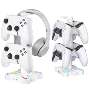 Gaming RGB Headphones Stand, Rotatable Headset Stand with 9 Light Modes - Controller Holder with 2 USB Charging Ports and 3.5mm & Type-C Port - Earphone Hanger Accessories for Desk