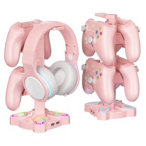 Gaming RGB Headphones Stand, Rotatable Headset Stand with 9 Light Modes - Controller Holder with 2 USB Charging Ports and 3.5mm & Type-C Port - Earphone Hanger Accessories for Desk