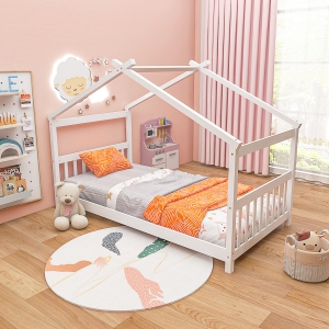 Costway Twin Size House Bed with Roof Wooden Low Floor Bed No Box Spring Needed Natural/Gray/White