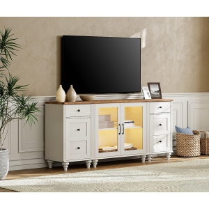 WAMPAT LED TV Stand for 75 Inches TVs,Wood TV Cabinet Entertainment Center with Charging Station for Living Room,Glass Door Buffet Cabinet for Dining Room,Off White