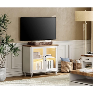 WAMPAT TV Stand for 43 Inch TV with LED Light, Wood TV Console Table Storage Cabinet for Living Room, Kitchen Sideboard Buffet Cabinet with Glass Door for Dining Room, Off White