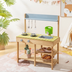 Kids Wooden Mud Kitchen Playset - 39.3" Outdoor Pretend Play With Clear Planter, Removable Sink & Chalkboard (Ages 3