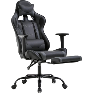 BestOffice Ergonomic Desk Executive PU Leather Computer Lumbar Support with Footrest Modern Task Rolling Swivel Racing Chair for Women&Men, grey