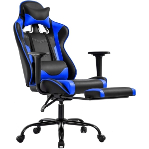 BestOffice Ergonomic Desk Executive PU Leather Computer Lumbar Support with Footrest Modern Task Rolling Swivel Racing Chair for Women&Men, Blue