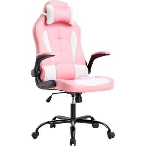 BestOffice Gaming Chair Office Chair Desk Chair with Lumbar Support Flip Up Arms Headrest Swivel Rolling Adjustable PU Leather Racing Computer Chair for Girls,Pink
