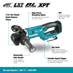 Makita DDA451RTE 18V LXT Brushless Cordless 7/16" Variable 2-Speed Angle Drill Kit with XPT, 2 Batteries (5.0 Ah), Rapid Charger & Tool Case