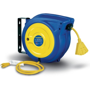 Goodyear Retractable Cord Reel: Extra Long 19.8m, 14AWG 3C SJTOW, Commercial Grade Ultra Flexible Cable, Triple Tap Connector, Slow Retraction for Indoor & Outdoor Use.