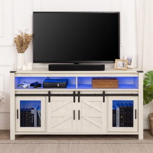 WAMPAT TV Stand for 65+ Inch TVs, Farmhouse Entertainment Center with Mesh & Sliding Barn Doors, Wood Media Console with Soundbar & Adjustable Shelf, Blue LED Lights, Antique White