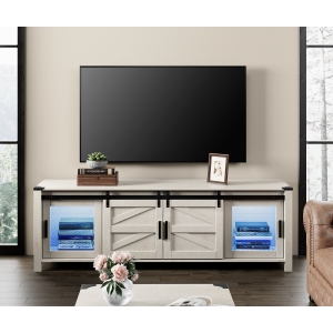 WAMPAT Farmhouse TV Stand for 75 Inch TV with Sliding Barn Door, Wood Mid Center with Blue Light for Living Room Bedroom, 70" TV Console Table Entertainment Center, Antique White