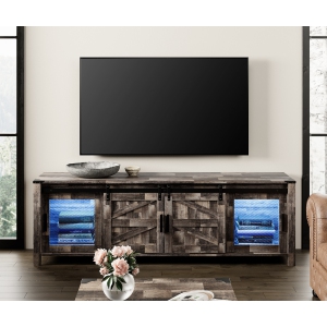 WAMPAT LED Farmhouse TV Stand for 75 Inches TV with Sliding Barn Door,Wood Mid Center with Blue Light for Living Room Bedroom,70" TV Console Table Entertainment Center,Dark Rustic