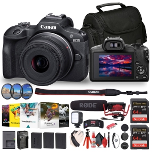 Canon EOS R100 Mirrorless Camera with 18-45mm Lens (6052C012) + Rode VideoMic + Filter Kit + Corel Photo Software + Bag + 2 x 64GB Card + 2 x LPE17 Battery + Charger + LED Light +