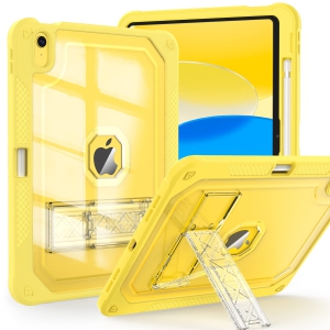 Case for iPad 10th Generation 10.9 inch 2022, Heavy Duty Shockproof Rugged Protective with Pencil Holder, 10.9" 10 Gen Translucent Cover with Kickstand for Kids, Yellow