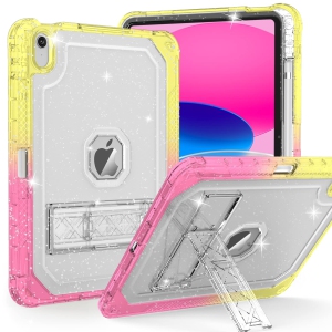 Case for iPad 10th Generation 10.9 inch 2022, Heavy Duty Shockproof Rugged Protective with Pencil Holder, 10.9" 10 Gen Translucent Cover with Kickstand for Kids, Yellow to Pink