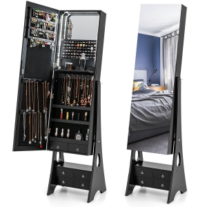 Gymax Jewelry Cabinet Cabinet Full Length led Mirror W/ 6 Drawers & Makeup Shelf Black