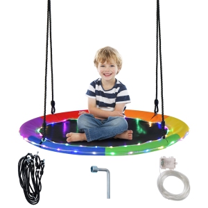Costway 40" Saucer Tree Swing 660 LBS for Kids Adults Outdoor with LED Lights Rainbow Color/Blue