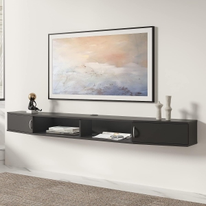 WAMPAT 70" Floating TV Shelf with Charging Station,Wall Mounted TV Stand,Media Console Stand with Doors,Entertainment Shelf for Living Room,Bedroom,Black