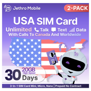 Jethro Mobile Prepaid USA Travel SIM card, 5G/4G LTE High-Speed Data, Unlimited Talk and Text, No Contract, 30 Days 2 Pack | Quick Activation, Local US Phone Number, Fast Delivery