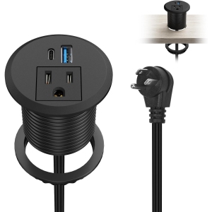 2 inch Desktop Power Grommet, PD 20W USB C Recessed Strip with AC Outlet and 18W USB A Charging Port, Hidden Round Power Outlets w 6FT Extension Cords for Office Home