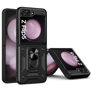 Samsung Galaxy Z Flip 5 Case with Ring Kickstand, Shockproof Flip Phone Case for Galaxy Z Flip 5 5G Support Magnetic Car Mount , Black