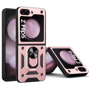 Samsung Galaxy Z Flip 5 Case with Ring Kickstand, Shockproof Flip Phone Case for Galaxy Z Flip 5 5G Support Magnetic Car Mount , Rose Gold