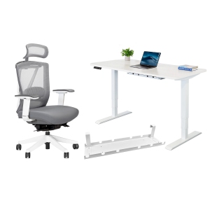 EFFYDESK BUSINESS BUNDLE: Height Adjustable Computer Standing Desk Small Oak White on Business White Frame + AeryChair Adjustable Ergonomic Office Chair (Pearl White)
