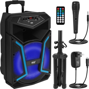 Pyle Portable Bluetooth PA Speaker System - 800W Outdoor Bluetooth Speaker Portable PA System w/ Microphone In, Party Lights, MP3/USB, FM Radio, Rolling Wheels - Mic, Remote