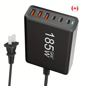 185W Gallium Nitride 6-Port Super Fast Charger - Type C Tablet Power Adapter for Android, Apple, Samsung - Wall Mounted Mobile Phone Charging Station with USB Type C, Foldable Plug