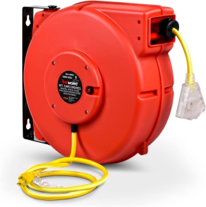 ReelWorks Retractable Extension Cord Reel: 12AWG x 24.4m Premium Ultra-Flexible 3C/SJTOW Glow Strip Cable with LED Lit Triple Tap, Indoor/Outdoor Use