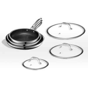 Ensemble de 6 poêles hybrides antiadhésives HexClad, poêles de 8, 10 et 12 po avec couvercles en verre, compatibles lave-vaisselle et four, fonctionne sur cuisinières à induction, en céramique et à gaz