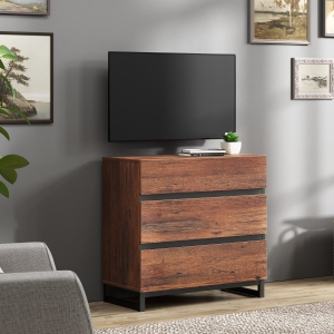 WAMPAT Modern TV Stand for TVs up to 42 inches, Entertainment Center TV Console with 3 Drawers and Metal Base for Living Room, Bedroom, Brown