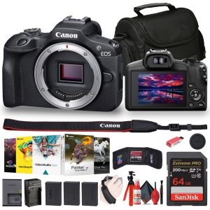 Canon EOS R100 Mirrorless Camera (6052C002) + Corel Photo Software + Bag + 64GB Card + 2 x LPE17 Battery + Charger + Card Reader + Flex Tripod + Cleaning Kit + Memory Wallet + Han