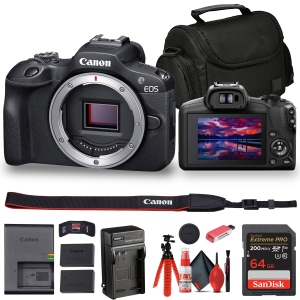 Canon EOS R100 Mirrorless Camera (6052C002) + Bag + 64GB Card + LPE17 Battery + Charger + Card Reader + Flex Tripod + Cleaning Kit + Memory Wallet