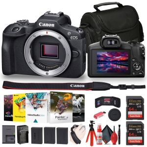 Canon EOS R100 Mirrorless Camera (6052C002) + Corel Photo Software + Bag + 2 x 64GB Card + 2 x LPE17 Battery + Charger + LED Light + Card Reader + Flex Tripod + Cleaning Kit + Memo