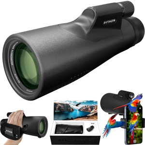 Python 12x52 Range Master Ultra HD Monocular Telescope High Powered for Adults with Smartphone Adapter, Leather Bag, Hand Strap