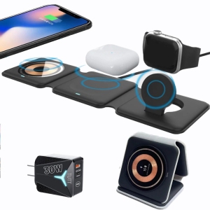 TUTT 3 in 1 Wireless Magnetic Foldable Charger Station Compatible with iPhone AirPods iWatch Galaxy etc + 30W Adapter Included | Support de Station de Recharge sans fil