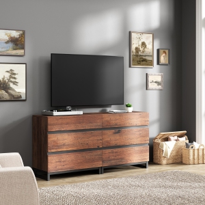 WAMPAT Modern TV Stand for TVs up to 70 inches,Entertainment Center TV Console with 6 Drawers and Metal Base,Media Console for Living Room,Bedroom,Brown