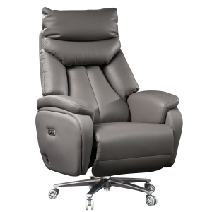 Kinnls Coast Power Office Recliner Chair Executive Desk Chair Fully Reclining Modern Minimalist Ergonomic Genuine Leather Office Chair with Arms (Grey-Dual Motor)