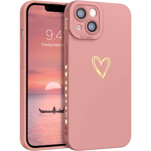 iPhone 13 Case Cute Heart Side Back Plated Love Heart Cover for Women Girls Soft Liquid Silicone Lens Camera