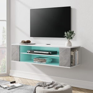 WAMPAT White Floating TV Stand with 16-Color Adjustable LED Lights, Wall Mounted Shelf for Living Room,Grey White,39 Inch