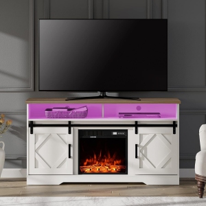 Wampat Fireplace TV Stand for TVs Up to 65 Inch, Electric Fireplace TV Console, 16 Colors LED Wood Entertainment Center with Sliding Barn Door, 2 Heating Mode, 5 Brightness, White