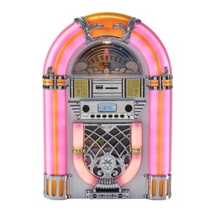 Arkrocket Athena Mini Jukebox/Tabletop CD Player/Bluetooth Speaker/Radio/USB and SD Card Player with Retro LED Lighting System (Pink White)