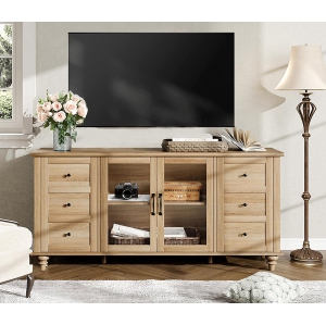 WAMPAT Glass Door TV Stand for TVs Up to 75 inch, Wood Universal TV Console Table with 4 Storage Cabinets, Entertainment Center for 32-75 inch TVs