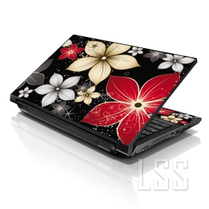 LSS 17 17.3 Inches Laptop Notebook Skin Sticker with 2 Wrist Pads - Reusable Cover Protector Vinyl Sticker Cover Decal Fits 17" - 19" - Black Grey Flower Leaves Pattern