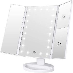Adjustable Tri-Fold Lighted Makeup Mirror with 21 LED Lights Black, 1x/2x/3x Magnification, Touch Screen Control