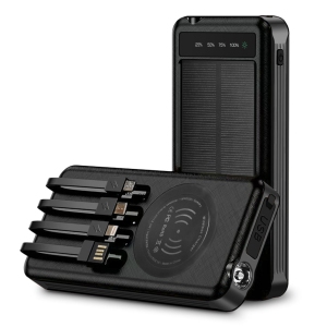 Alpha Digital Outdoor Power Bank-10,000mAh Battery- w/ Solar, Wireless Charging, Built-in Cables, IP65Water/Dust Proof - Black