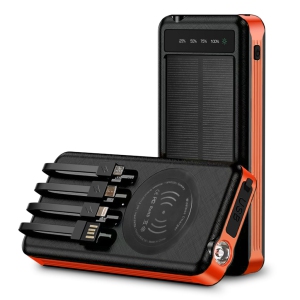 Alpha Digital Outdoor Power Bank-10,000mAh Battery- w/ Solar, Wireless Charging, Built-in Cables, IP65Water/Dust Proof- Orange