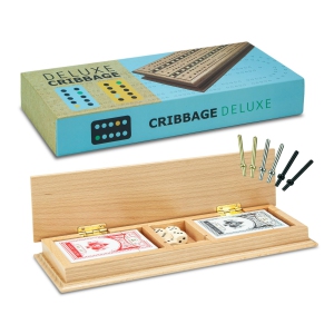 Tradeopia Wooden Cribbage Board Game - 3 Track with Storage Cabinet, includes Metal Crib Pegs and 2 Deck of Playing Card, Wooden Crib Game Set, Travel Games