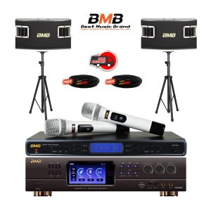 BMB (Best Music Brand) DAR-350H 4K HDMI ARC Optical Bluetooth Karaoke Amplifier, WB-5000 UHF Wireless Microphone, CSV-450 10" Karaoke Speakers, and Tripod Stands package.