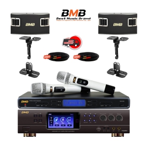 BMB (Best Music Brand) DAR-350H 4K HDMI ARC Optical Bluetooth Karaoke Amplifier, WB-5000 UHF Wireless Microphone, CSV-450 10" Karaoke Speakers, and Ceiling Mounts package.