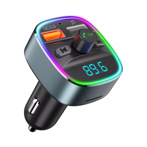 NIERBO Bluetooth FM Transmitter for Car, Upgraded QC3.0 & 5V/1A Dual USB Charger Bluetooth Car Adapter Wireless Radio, 7-Color LED Backlit Light, Hands-Free Calling, Gray